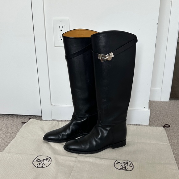 Hermes Shoes - Hermés Kelly Black Leather Tall Riding Jumping Boots with Silver Hardware